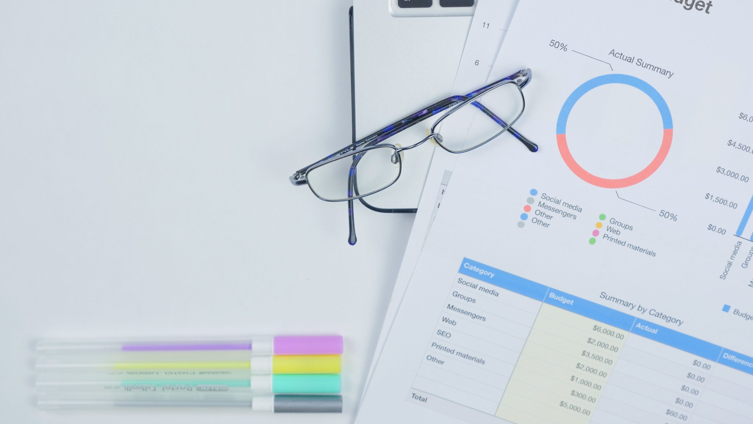 Marketing budget planning desk with laptop and graphs